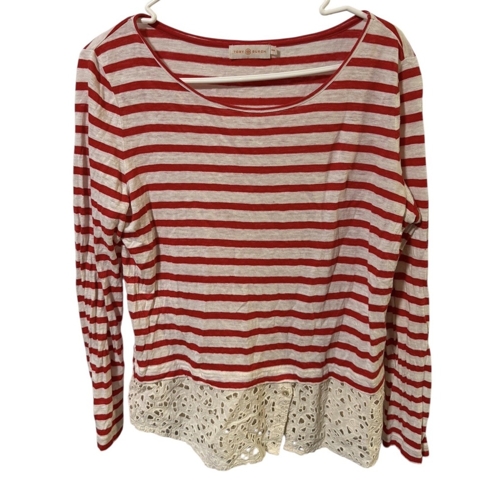Tory Burch Size‎ Medium Red Linen Striped Blouse Eyelet Hem